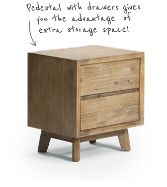 Acacia wood two drawer pedestal as a front shot next to a bed, then detail of the two drawers open and the last image is a side angle of same pedestal on a white background